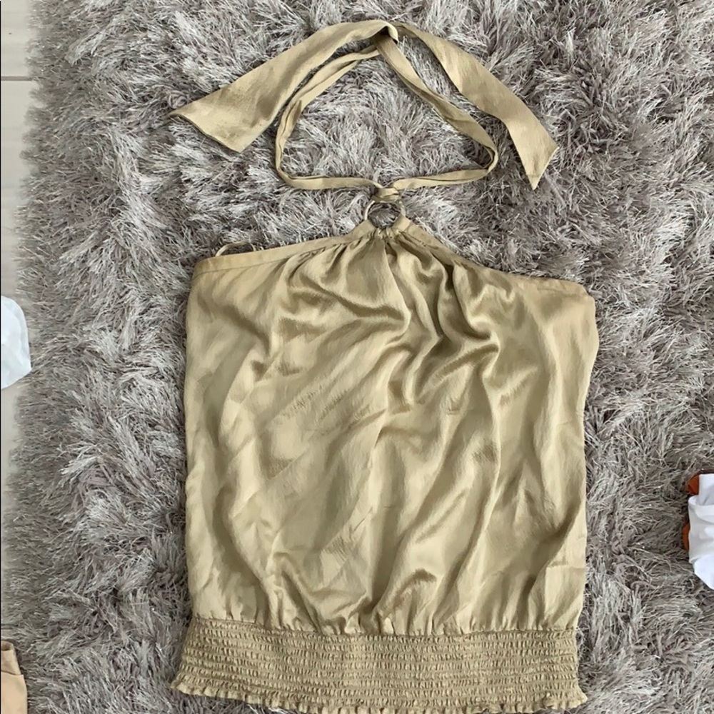 Gold silk tie-halter top. White House Black Market